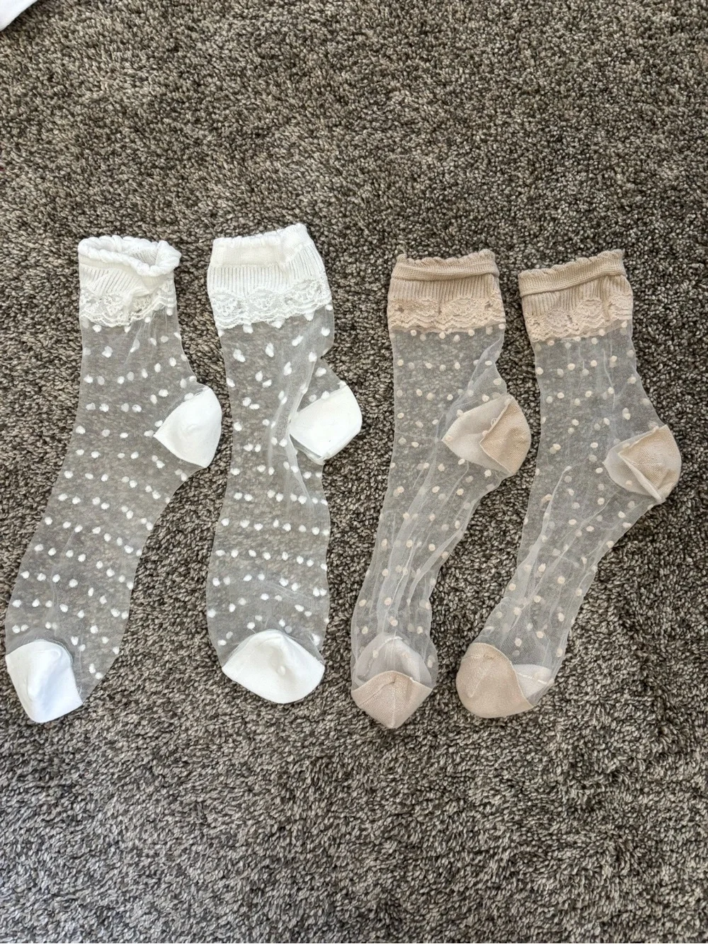 Sheer Polka Dot Lace Crew Socks - White and Beige